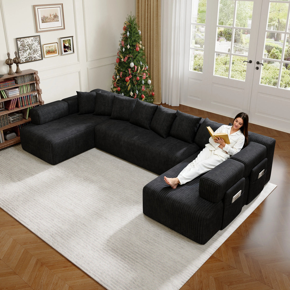 U-Shaped Sectional Sofa Bed 146.5" Extra Large, 3-Piece Modular, Corduroy