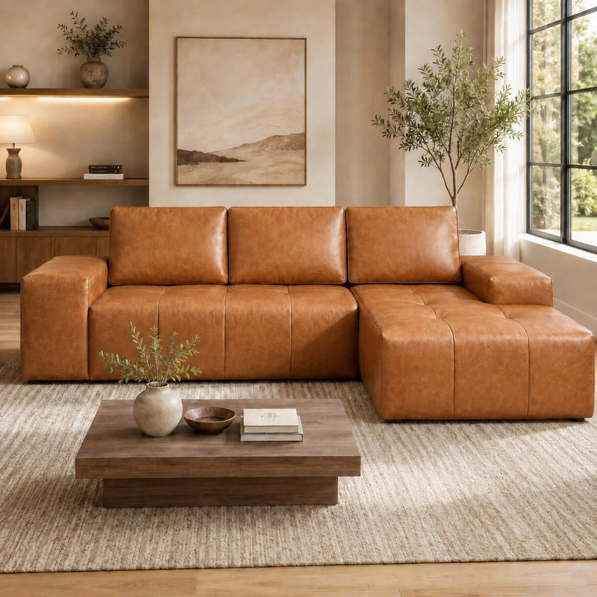 Faux Leather Sectional Sofa 114" L-Shaped with Chaise, Brown
