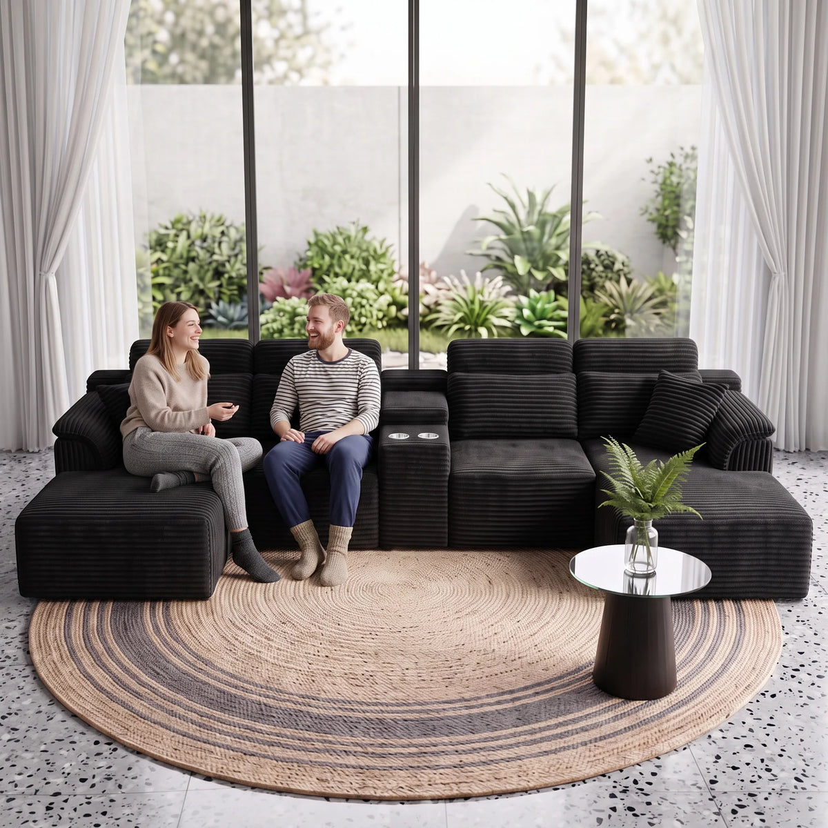 U-Shaped Sectional Sofa with Console & Cup Holders, Corduroy