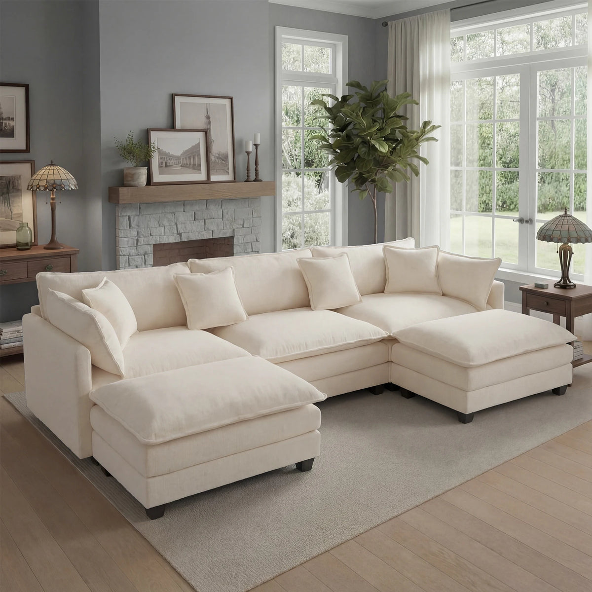Modular Sectional Sofa 113.4" with Ottoman, Chenille, Pocket Spring Seats